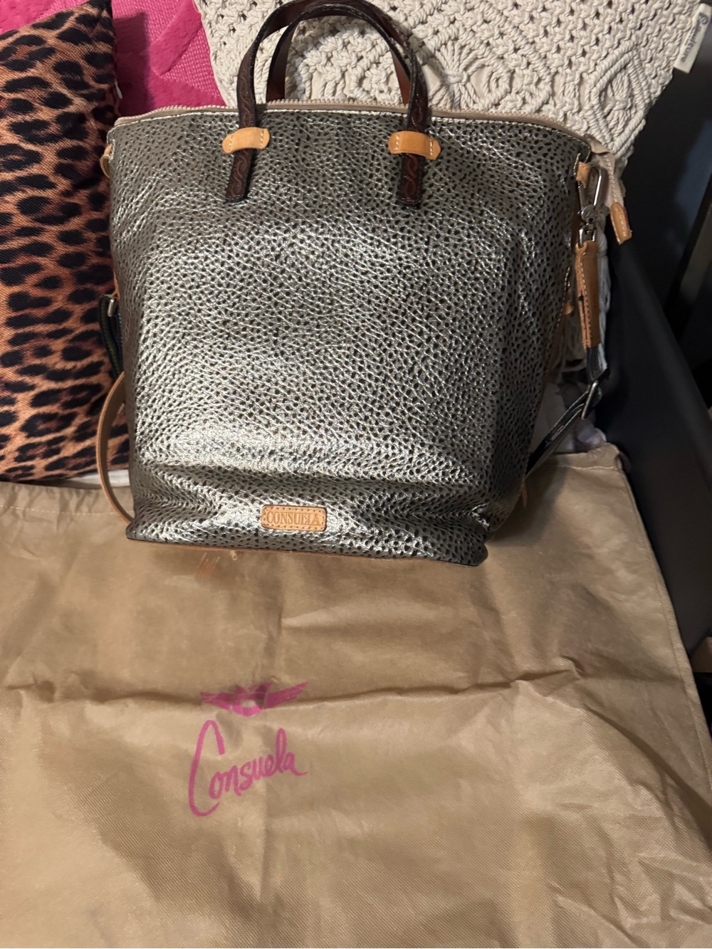 Consuela Tommy Metallic Pebbled Sling Tote with Brown Handles and Tan Accents